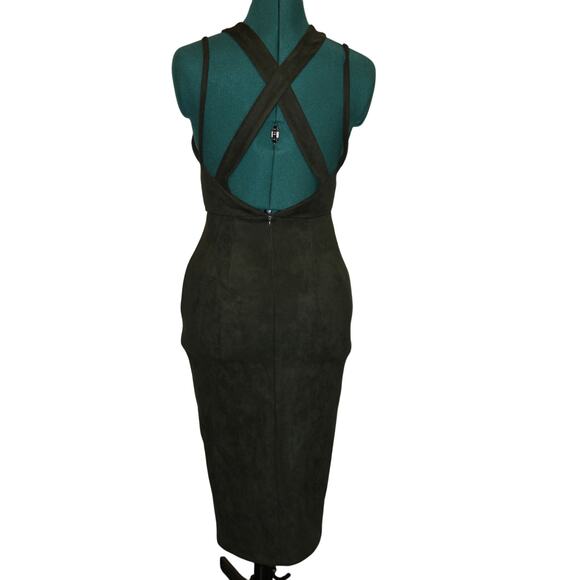 GB Green Faux Suede Bodycon Midi Dress Cutout Cross Strap Slit Women’s XS - Picture 3 of 6